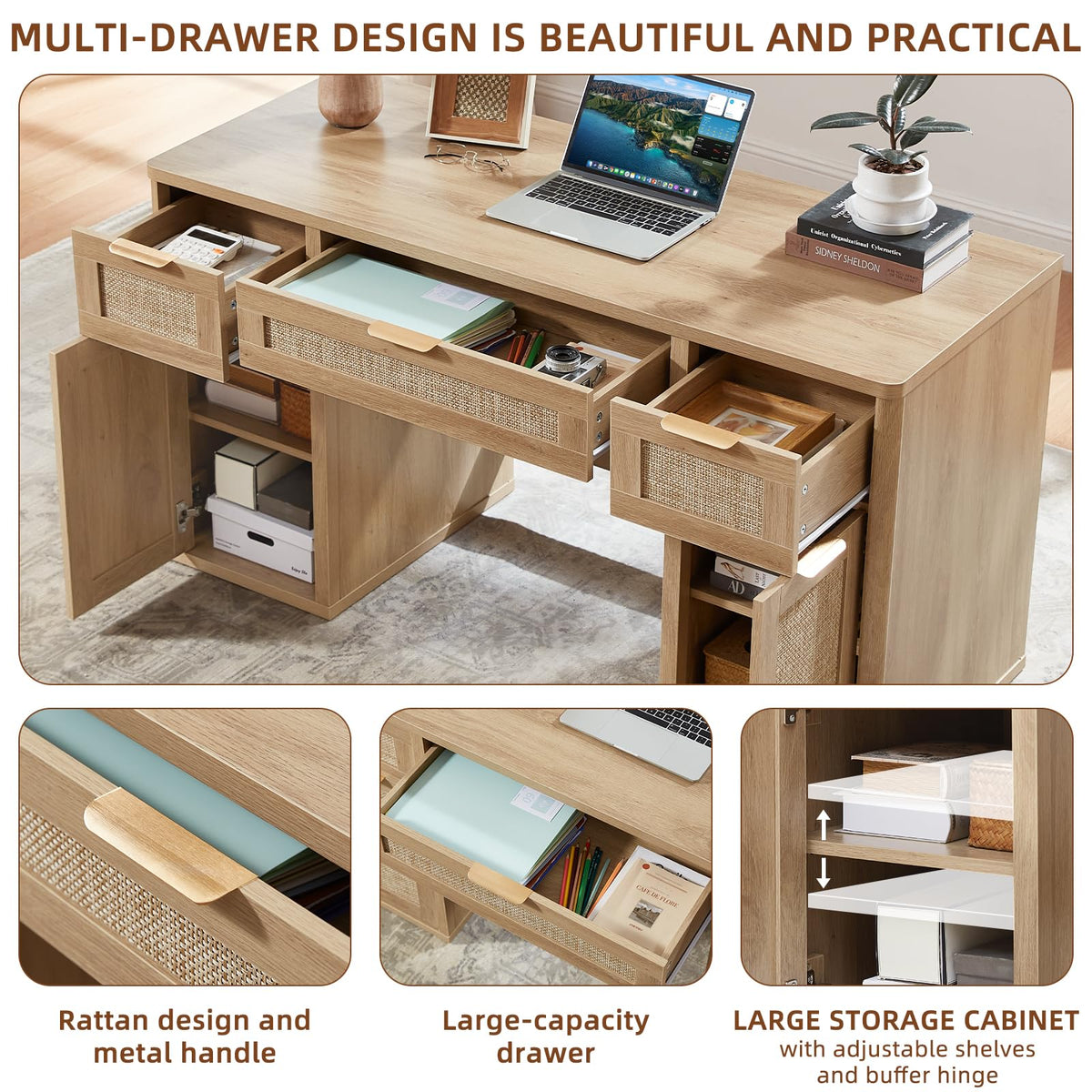 Office Desk with 5 Drawers Storage File Cabinet K348964