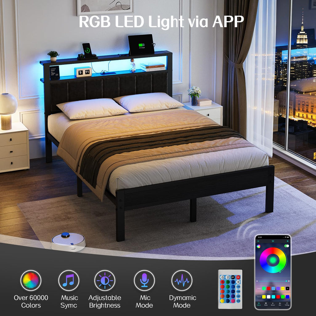 Full Size Bed Frame with LED Lights & Charging Station R6828