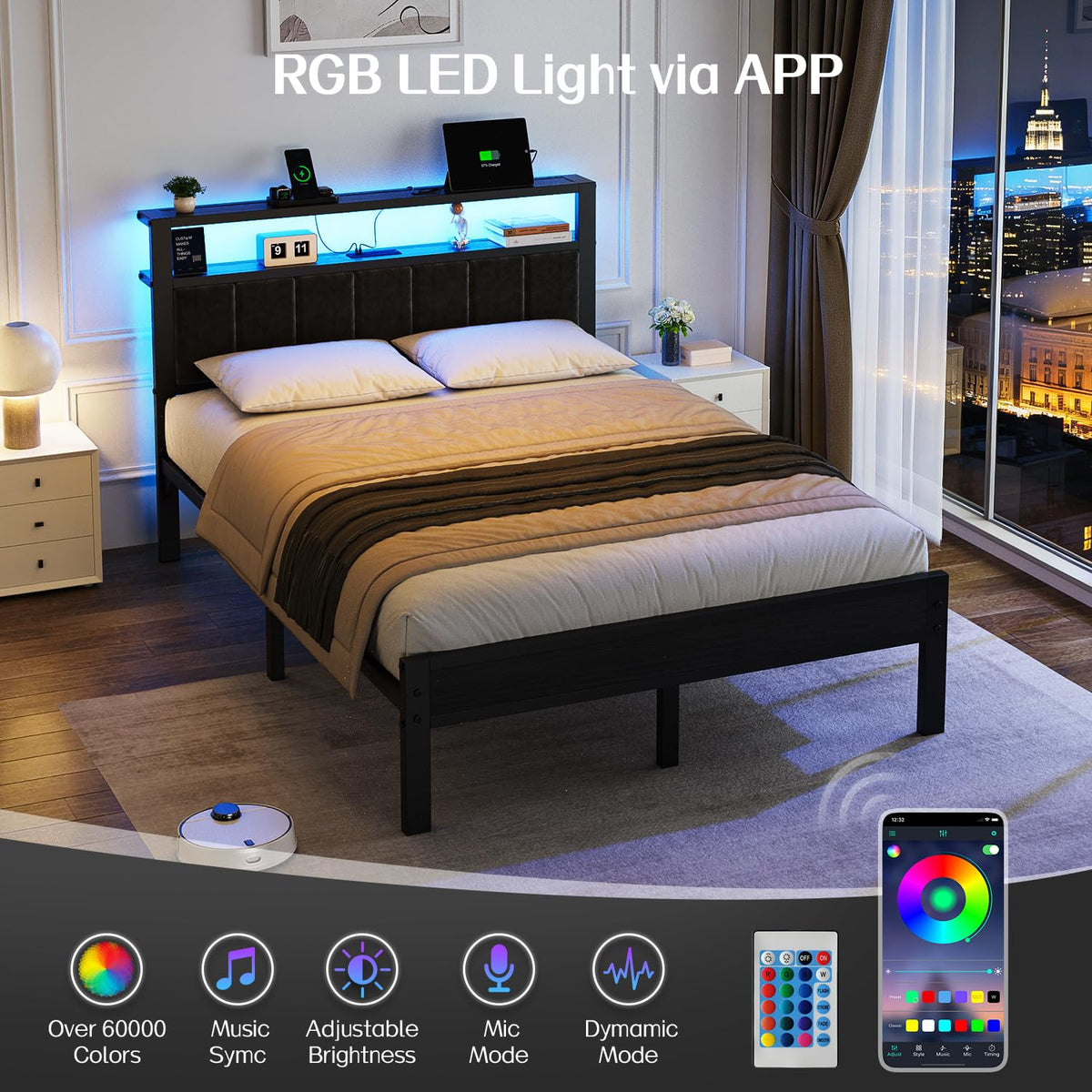 Full Size Bed Frame with LED Lights & Charging Station R6828