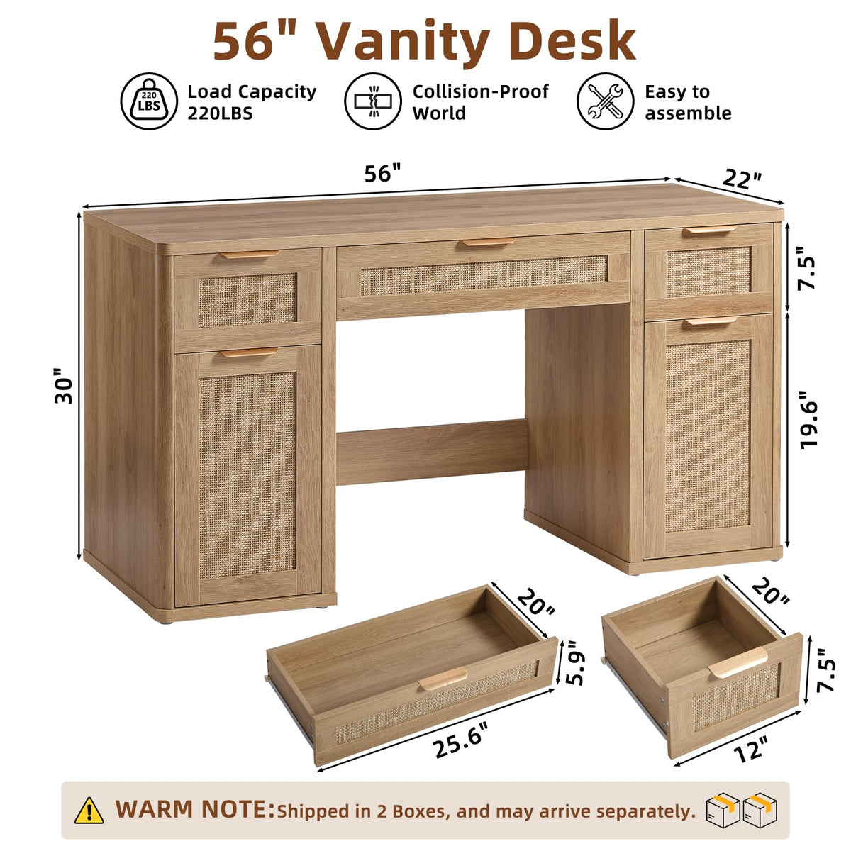 Office Desk with 5 Drawers Storage File Cabinet K348964