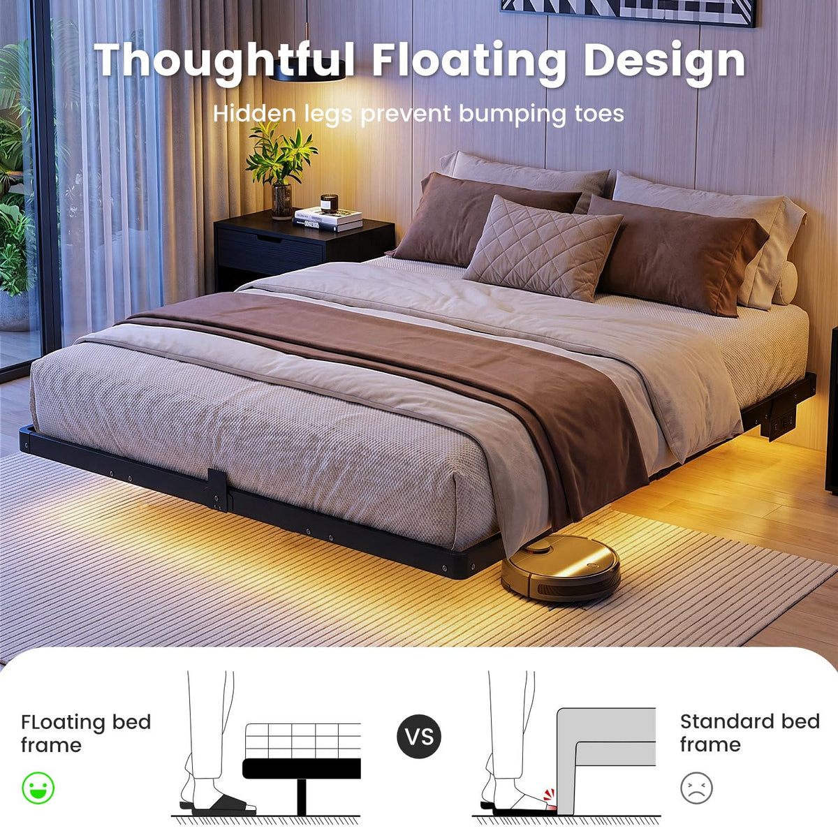 Full Floating Bed Frame with LED Lights W1675