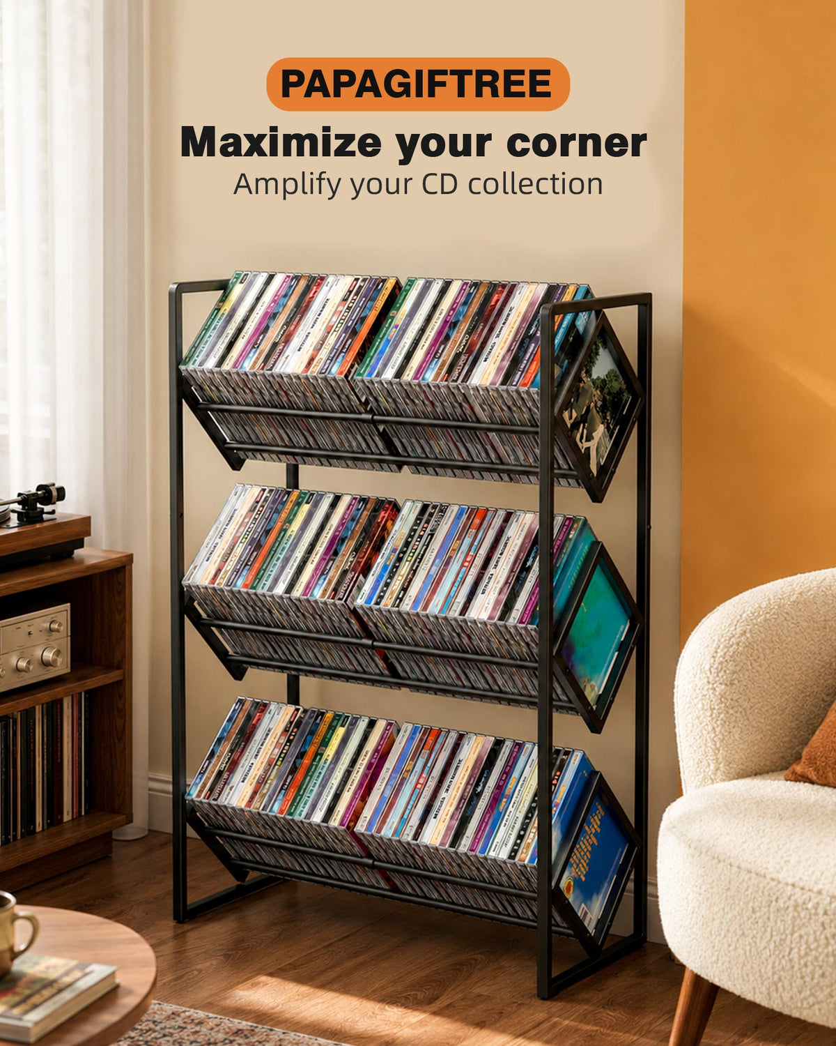 3-Tier CD Storage Metal Display Shelf with Adjustable Divider V9804