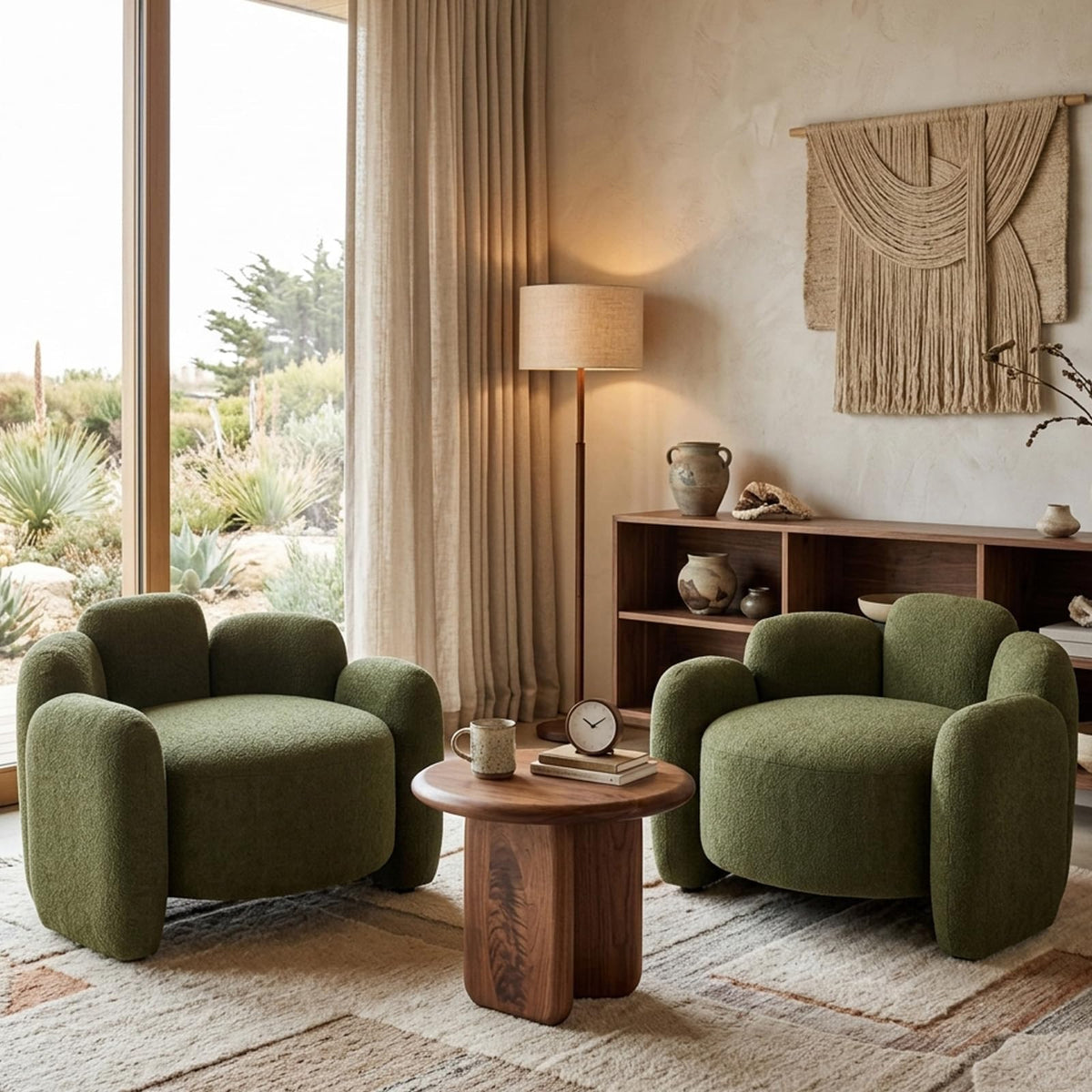Green Mid-Century Modern Accent Chairs Set of 2 Upholstered Barrel Side Chairs with Solid Wood Base N703