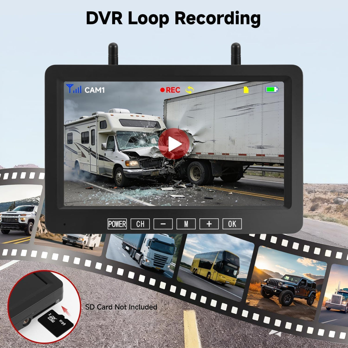 Dual Magnetic Wireless Backup Camera, 7” 1080P HD 4CH DVR Monitor O246678