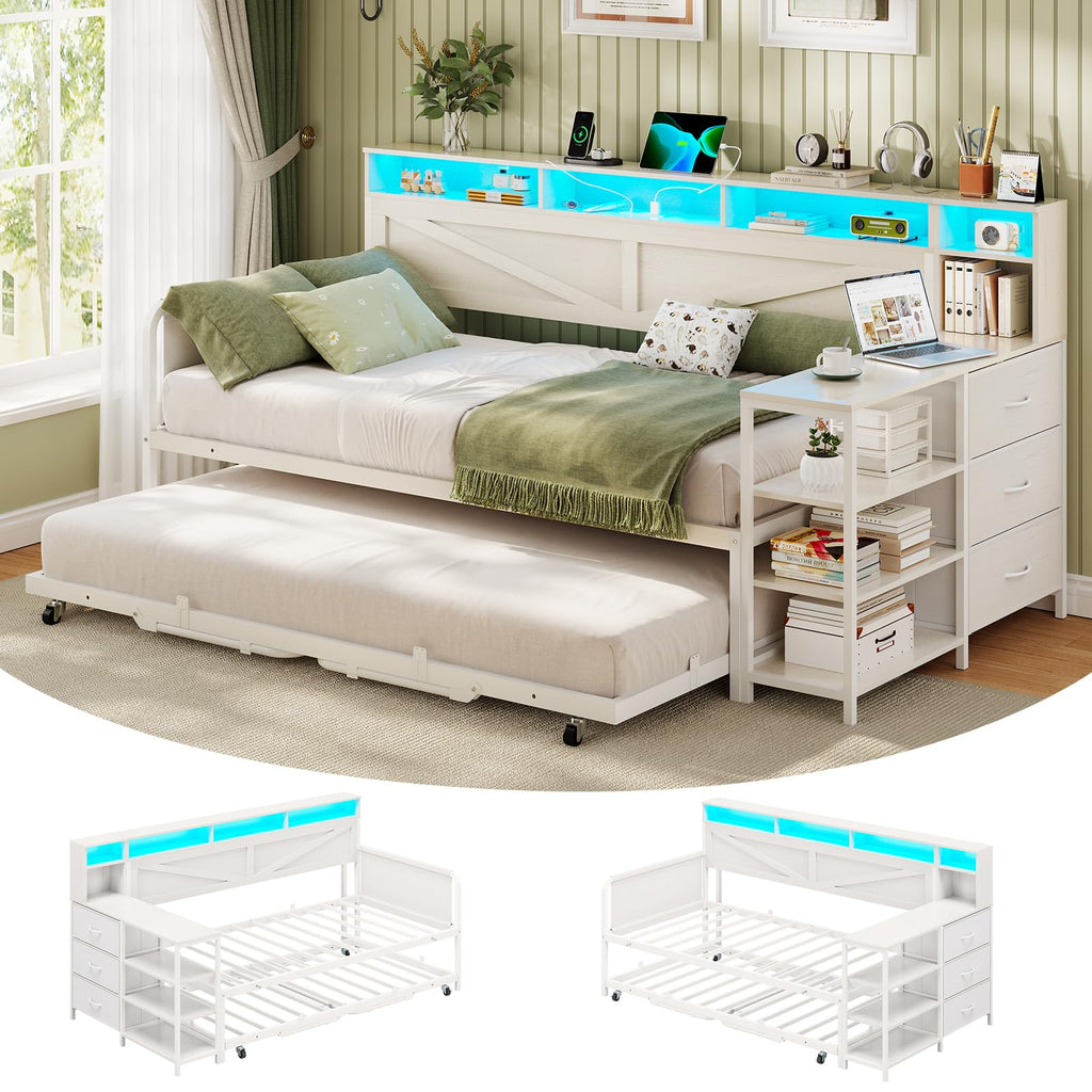 White Twin Wood Daybed with Trundle and 3 Storage Drawers M435352