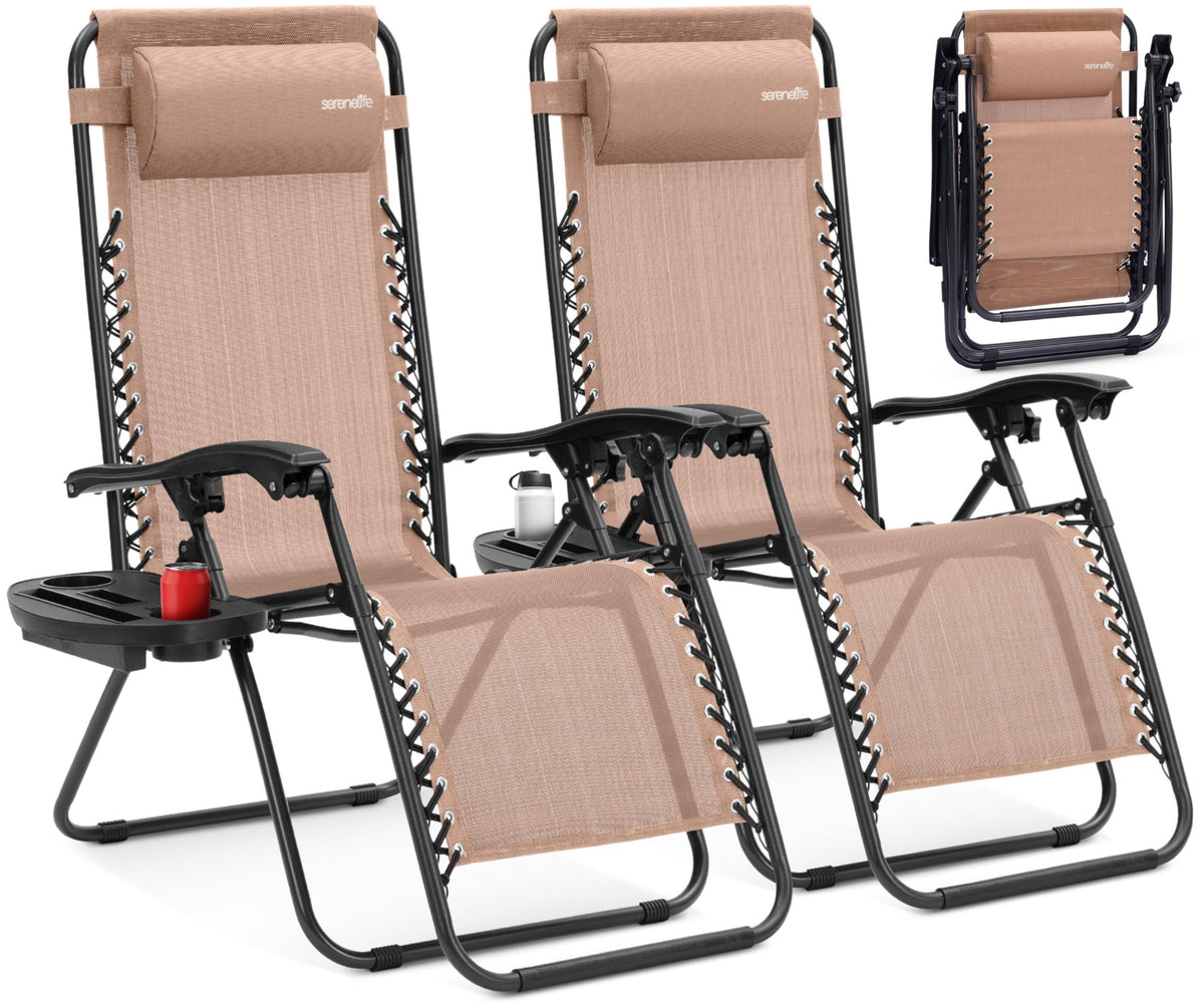 Adjustable Steel Mesh Zero Gravity Chairs Set of 2 with Cup Holder Tray D334