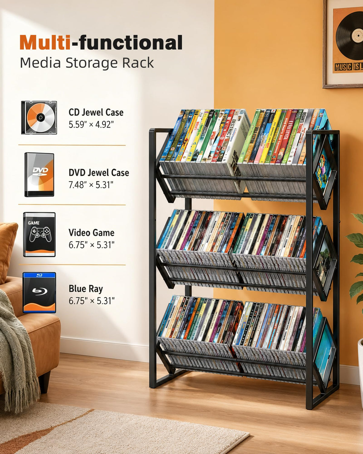 3-Tier CD Storage Metal Display Shelf with Adjustable Divider V9804