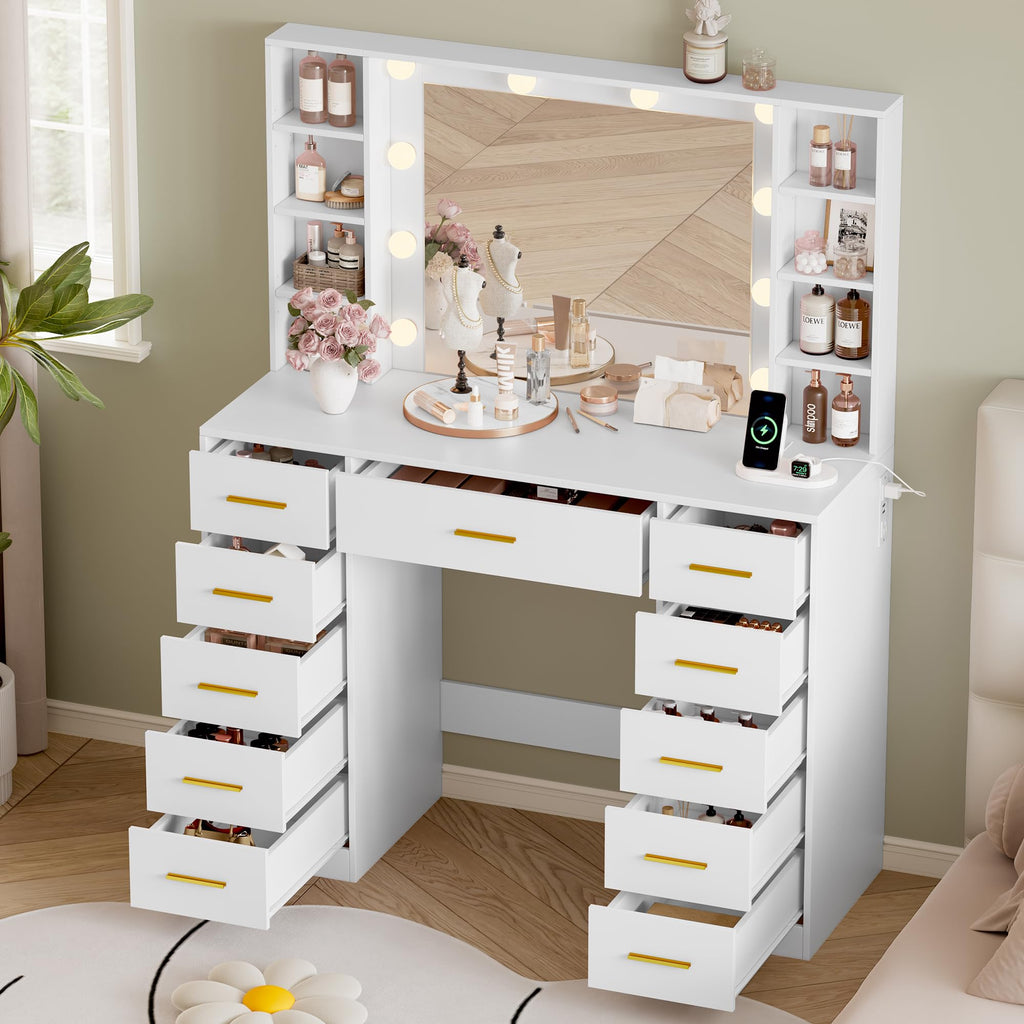 White Makeup Vanity with Mirror and Lights A762363