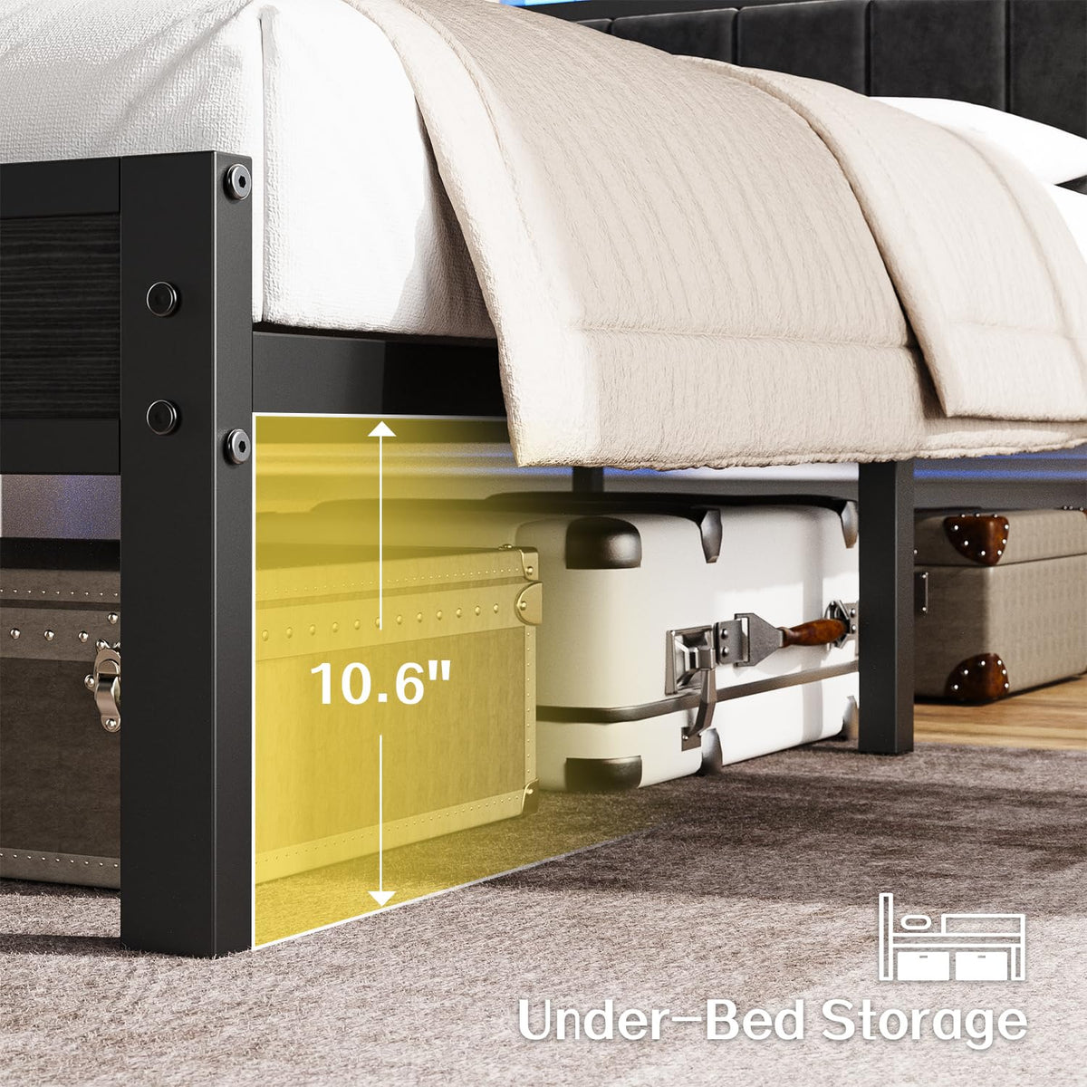 Full Size Bed Frame with LED Lights & Charging Station R6828