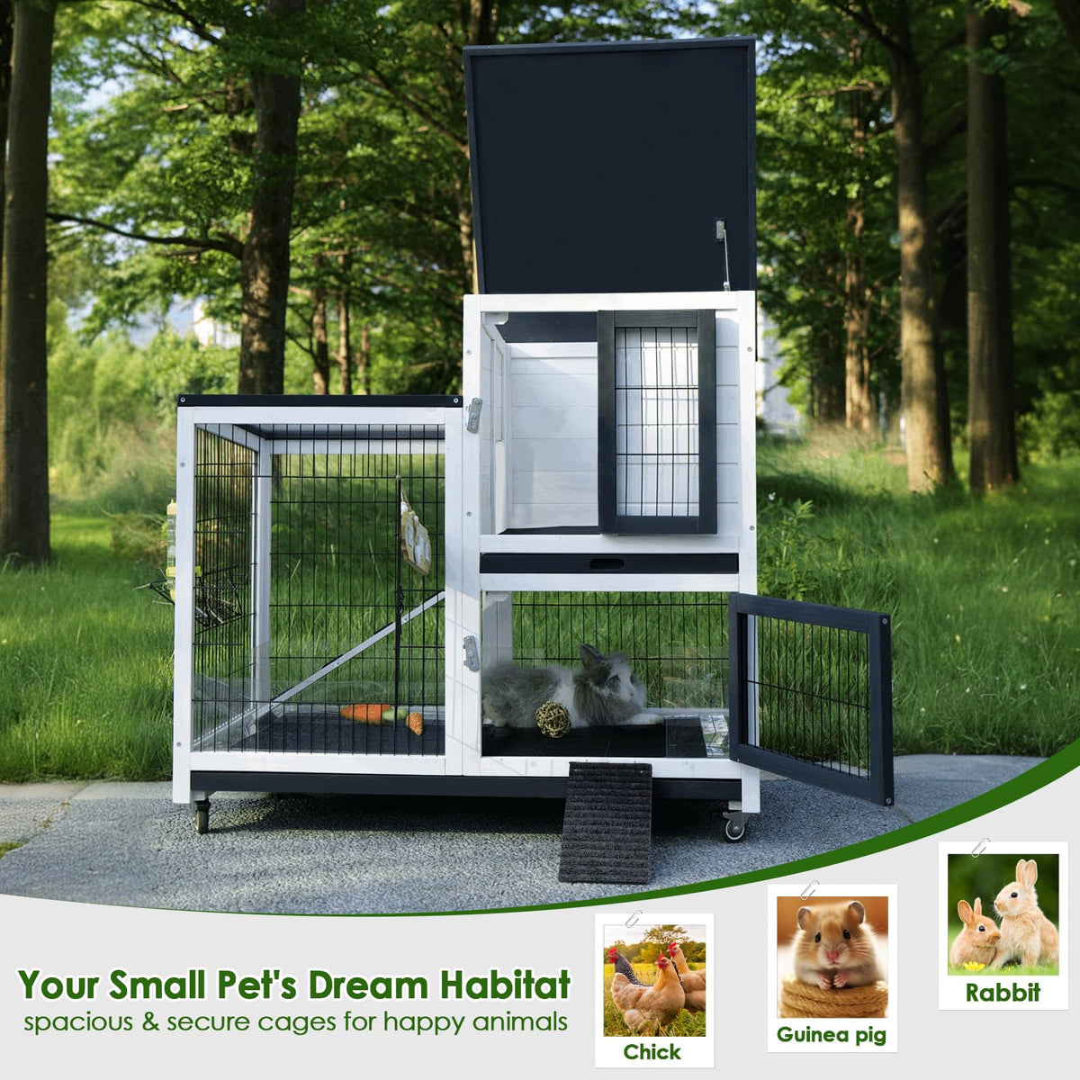 White Indoor Outdoor Rabbit Hutch with Tray V826