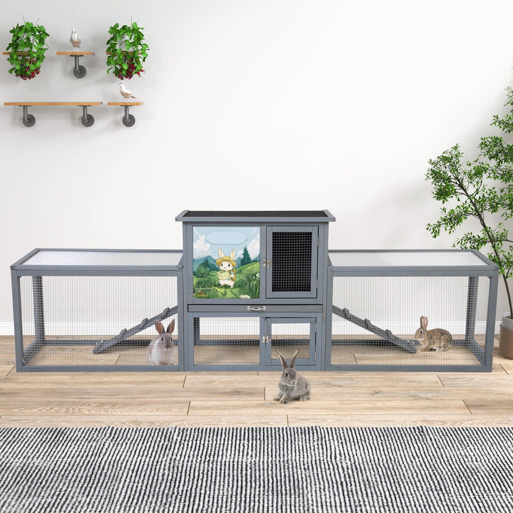 94.5" 2-Story Wooden Rabbit Hutch with Pull-Out Tray D178471