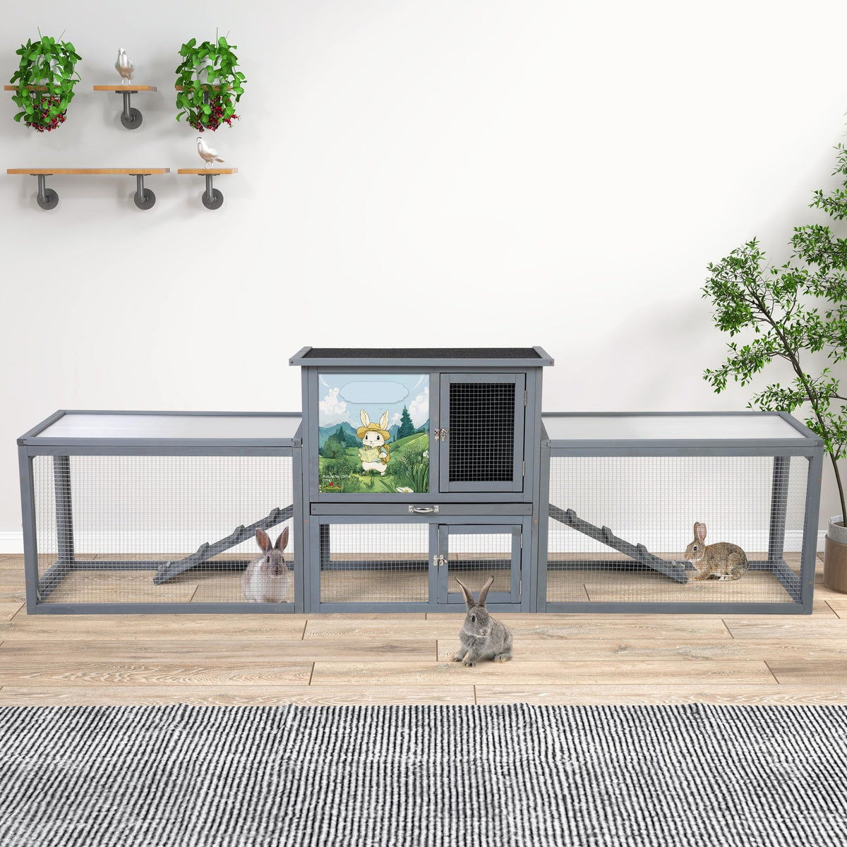 94.5" 2-Story Wooden Rabbit Hutch with Pull-Out Tray D178471