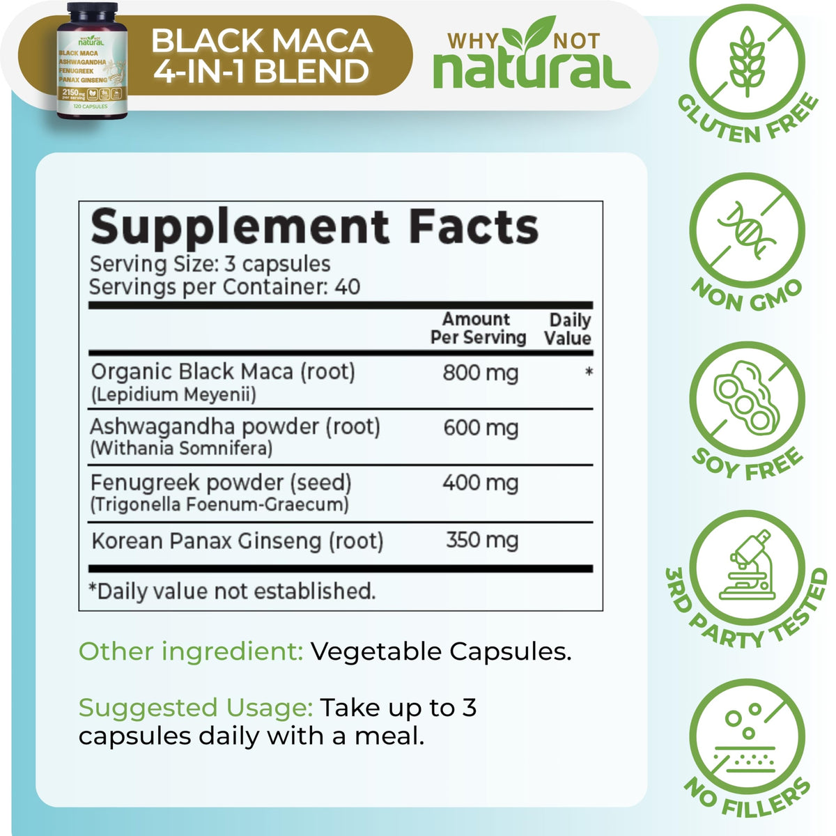 Organic Black Maca Root Ashwagandha Fenugreek Panax Ginseng Capsules Q7430