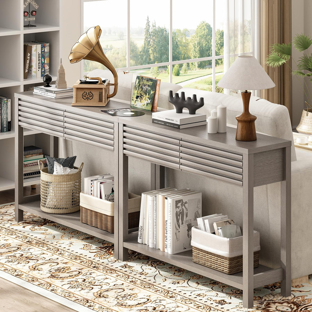 Oak Gray Fluted Console Table with Drawers L167