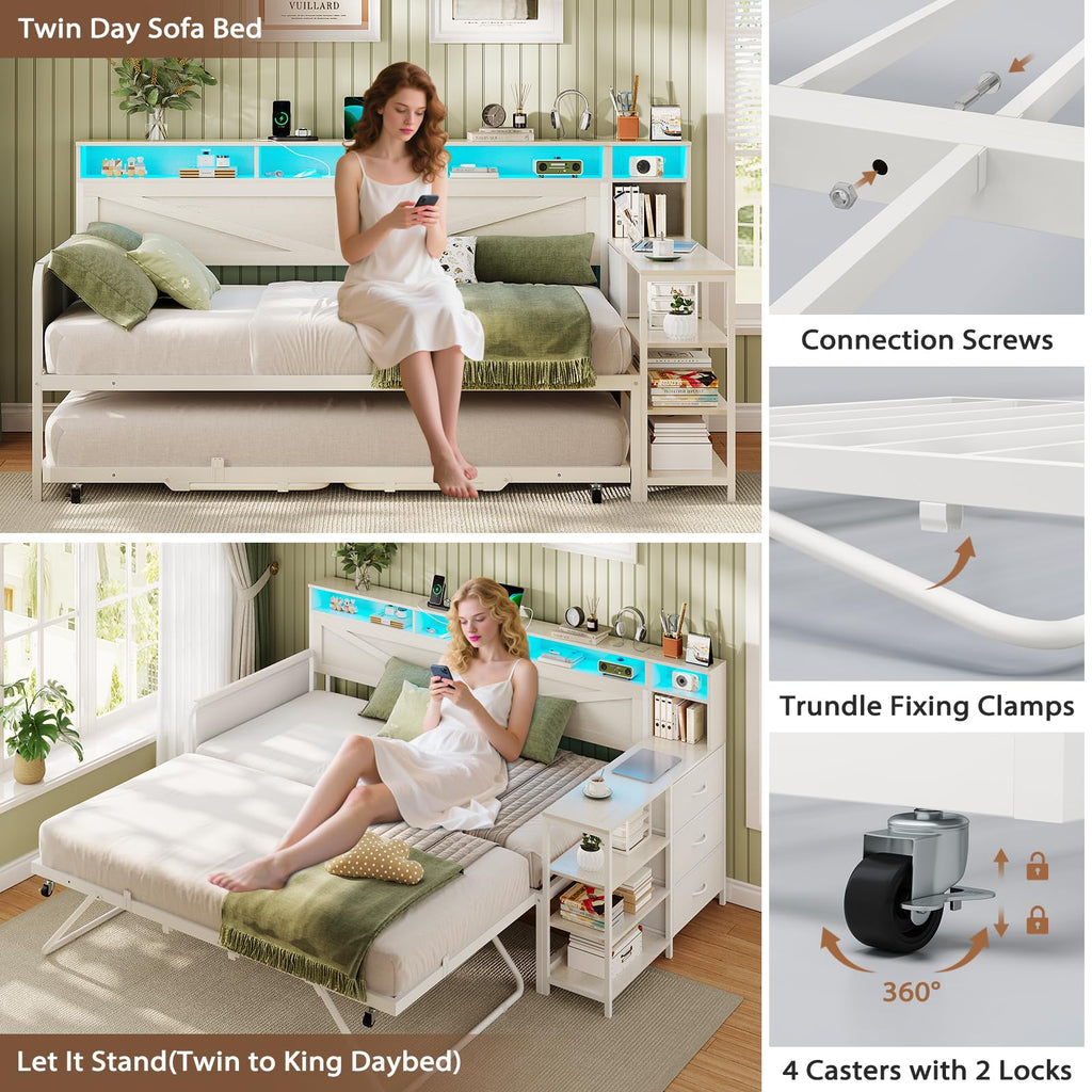 White Twin Wood Daybed with Trundle and 3 Storage Drawers M435352