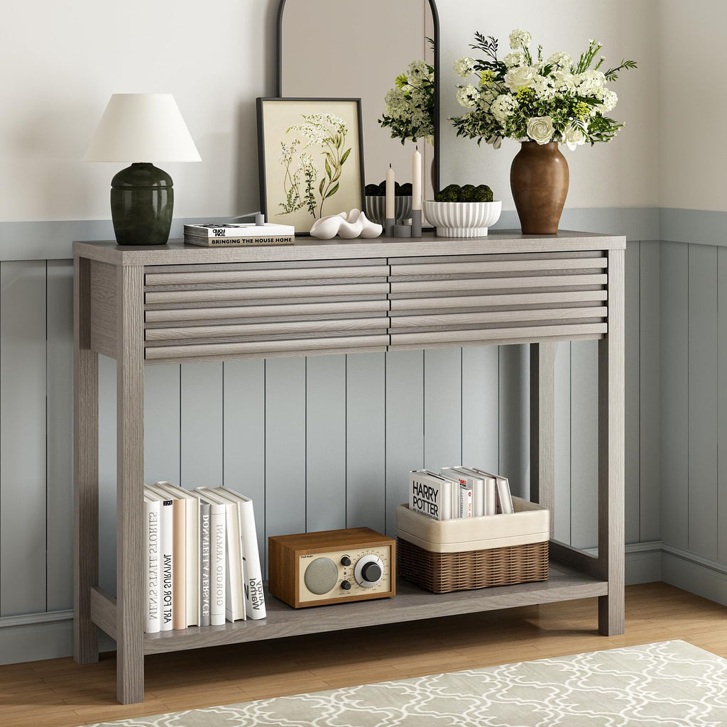 Oak Gray Fluted Console Table with Drawers L167