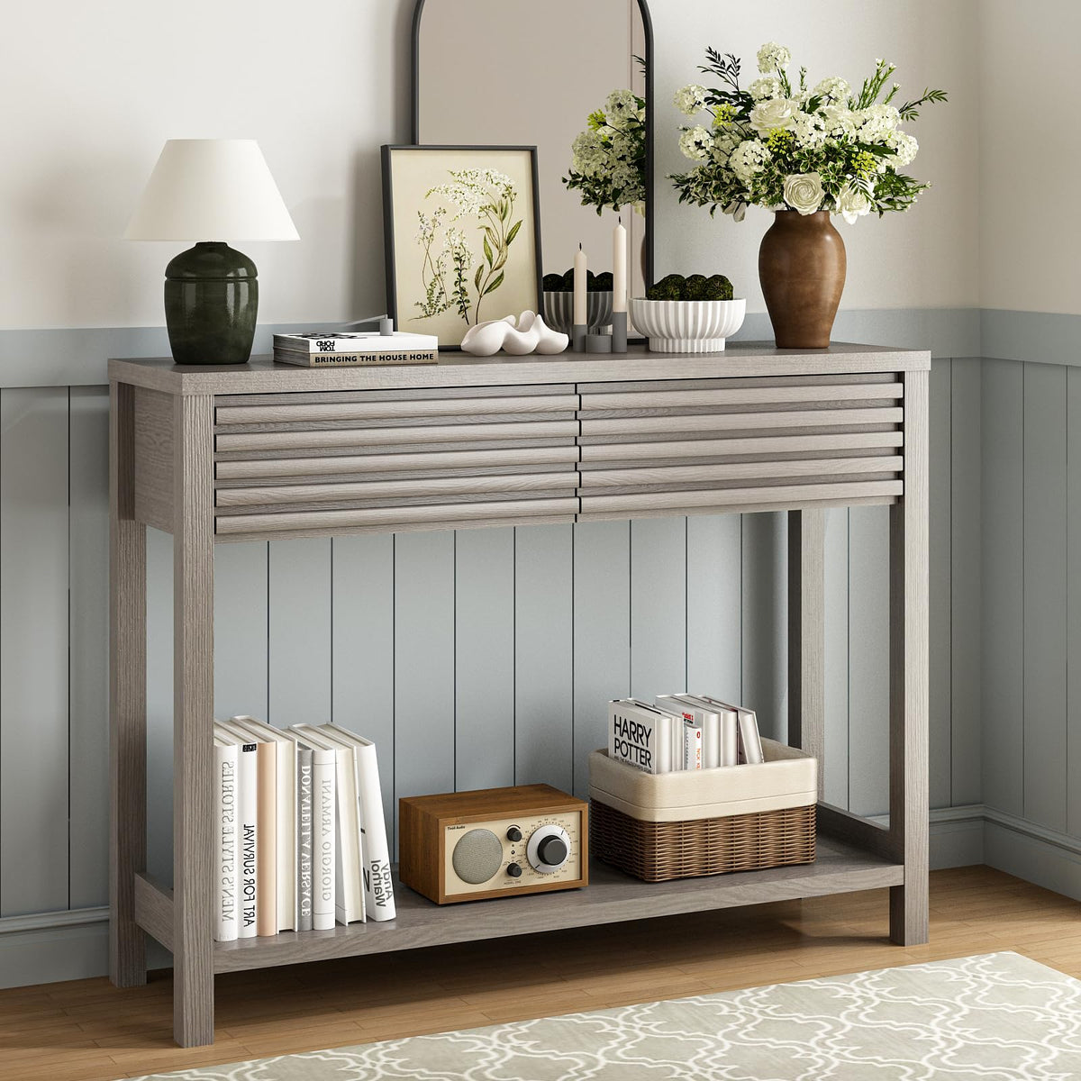 Oak Gray Fluted Console Table with Drawers L167