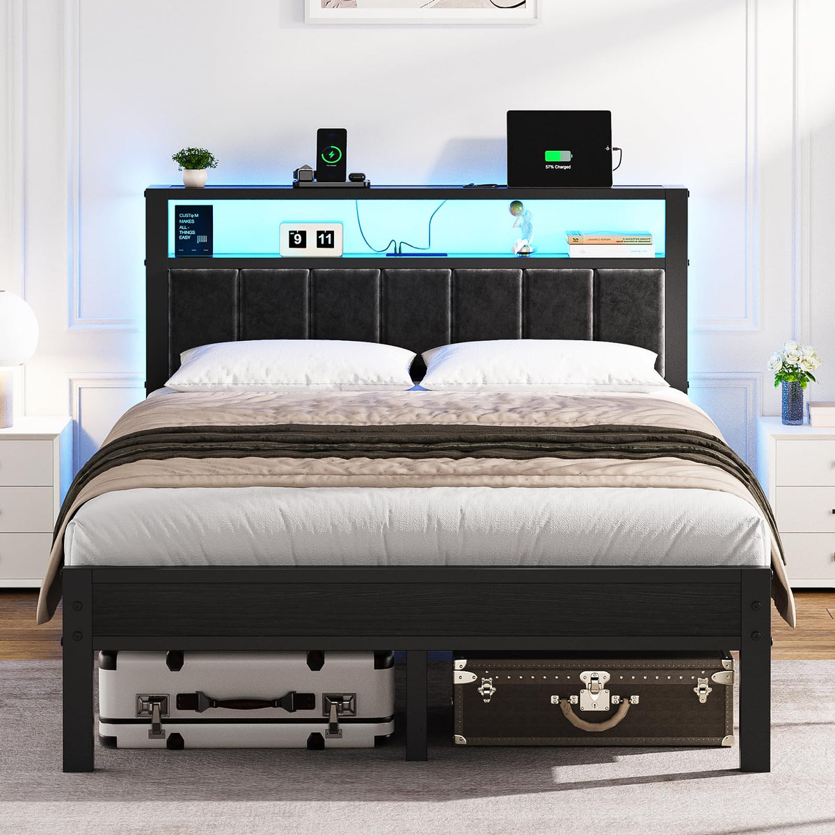 Full Size Bed Frame with LED Lights & Charging Station R6828