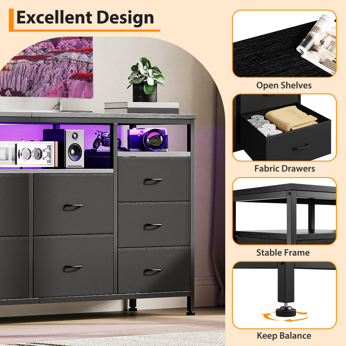 Black Fabric 10 Drawer Dresser F74462