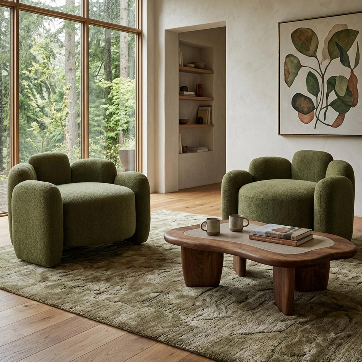 Green Mid-Century Modern Accent Chairs Set of 2 Upholstered Barrel Side Chairs with Solid Wood Base N703