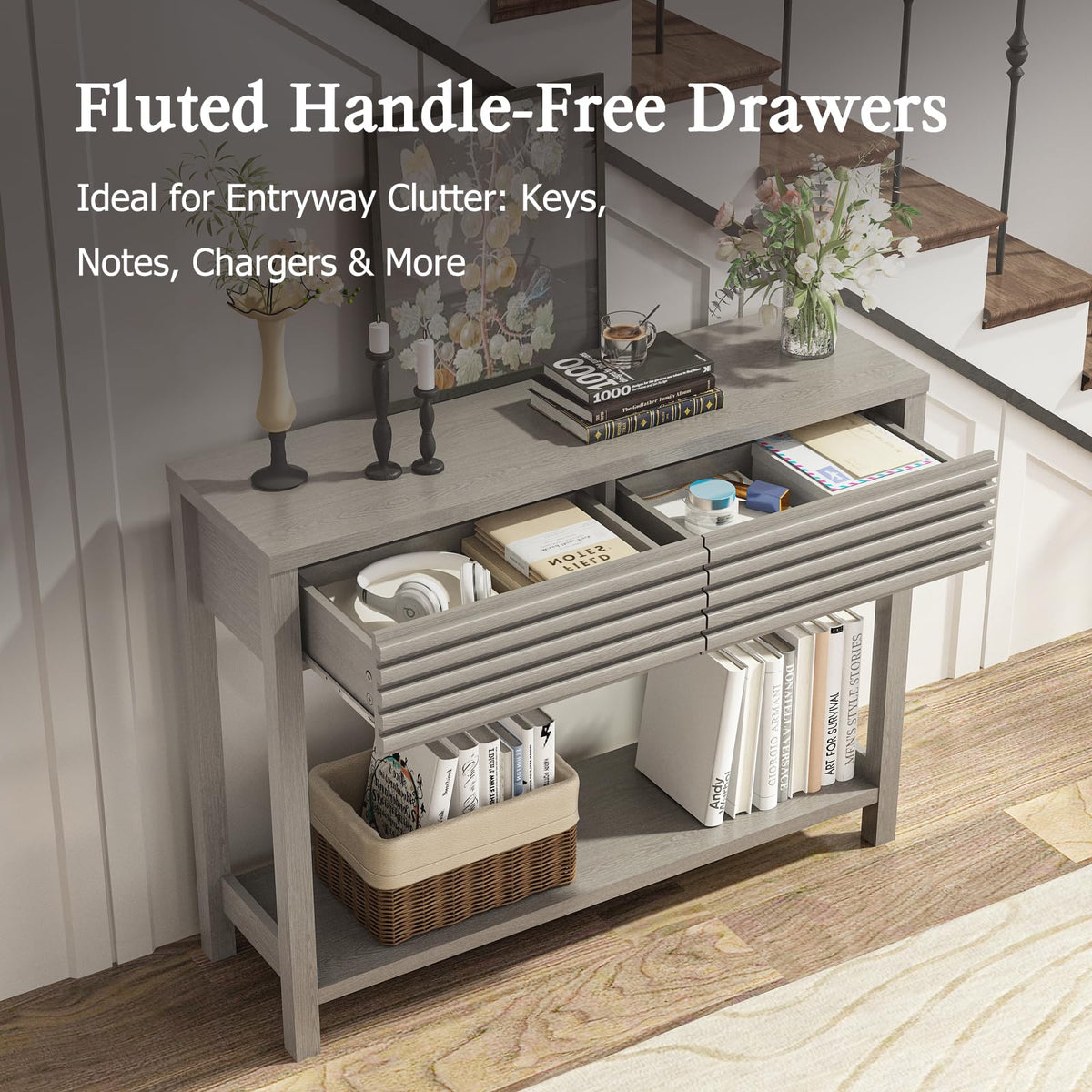Oak Gray Fluted Console Table with Drawers L167