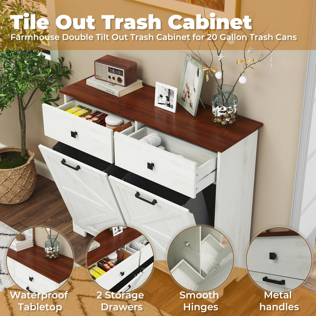 Double Tilt Out Trash Cabinet with Hideaway Drawer, Antique White D7833