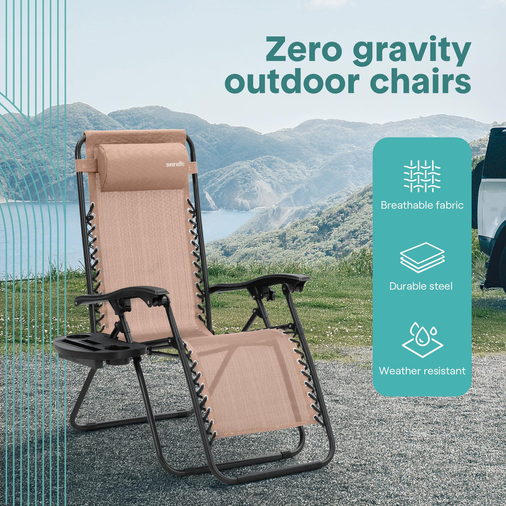Adjustable Steel Mesh Zero Gravity Chairs Set of 2 with Cup Holder Tray D334